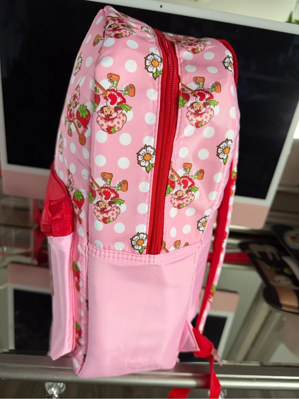 Strawberry Shortcake Pink Polka Dot Backpack 16in H 12in W